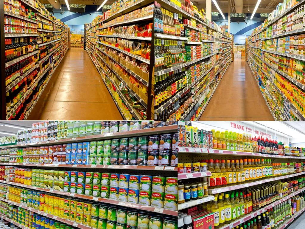 Aisles filled with international groceries at Lams Market